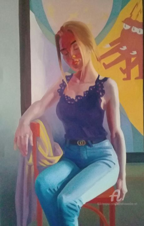 Картина под названием "Натурщица N8 "сидящ…" - Вадим Кузнецов, Подлинное произведение искусства, Масло