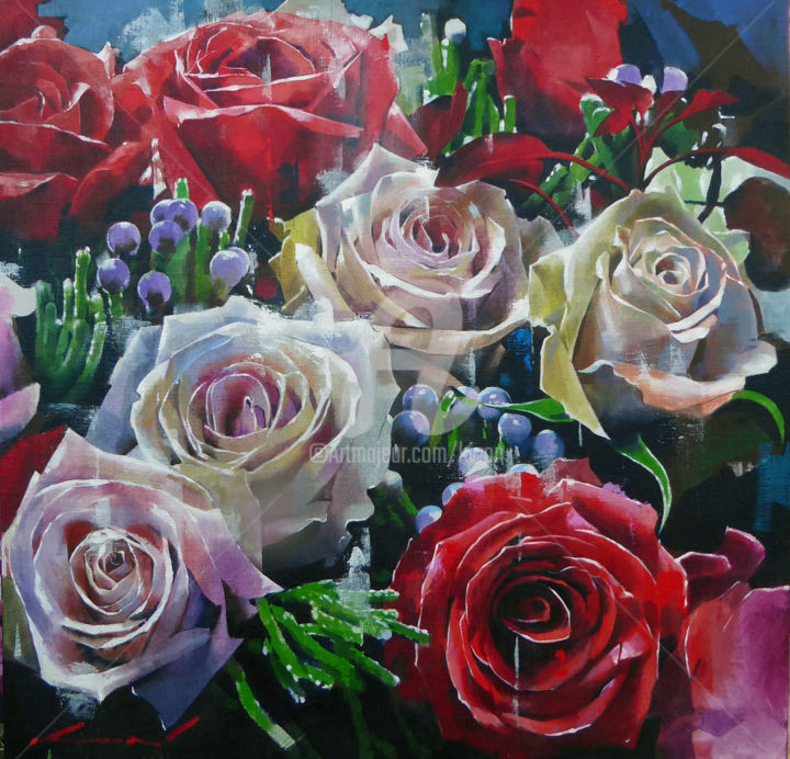 Peinture intitulée "roses" par Kwon, Œuvre d'art originale, Acrylique