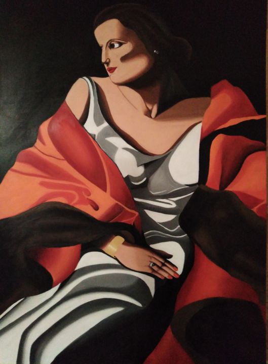 Painting titled "The lady with pearls" by Konstantinos Kolobos, Original Artwork, Acrylic