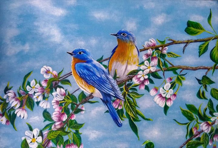 Painting titled "Весна. Птахи на гіл…" by Oksana Kichata, Original Artwork, Acrylic
