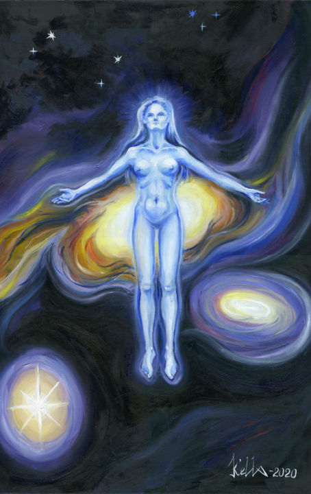 Картина под названием "Космическая женщина" - Къелла, Подлинное произведение искусства, Масло