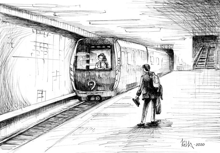 Drawing titled "Последняя электричка" by Kella, Original Artwork, Gel pen