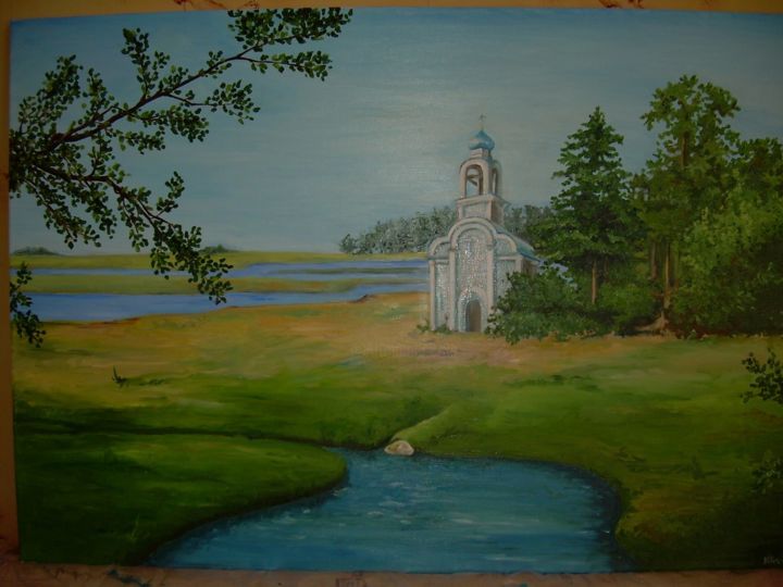 Картина под названием "Пейзаж с церковью" - Къелла, Подлинное произведение искусства