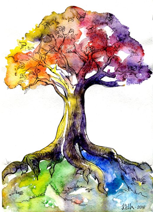 Peinture intitulée "Радужное дерево" par Kella, Œuvre d'art originale, Aquarelle