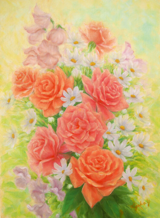 Painting titled "Roses and Marguerit…" by Kyoko Yamaji, Original Artwork, Oil