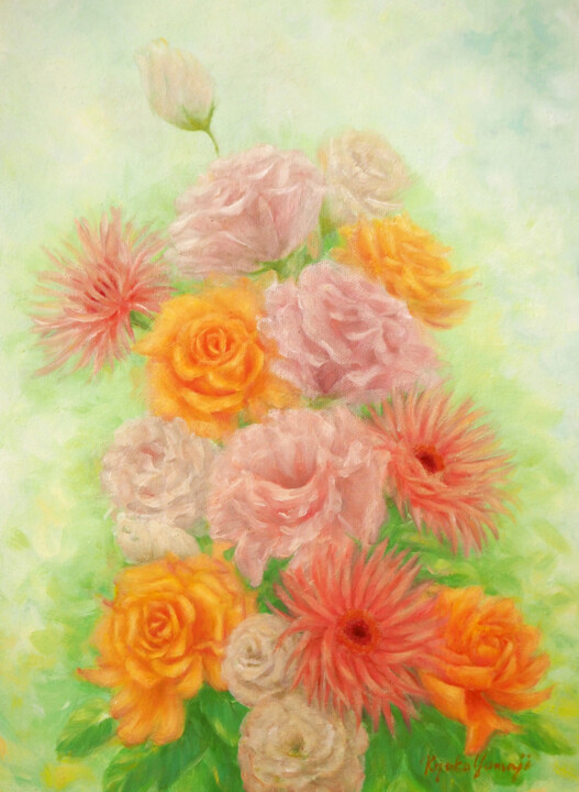 Malerei mit dem Titel "Spring Flowers" von Kyoko Yamaji, Original-Kunstwerk, Öl