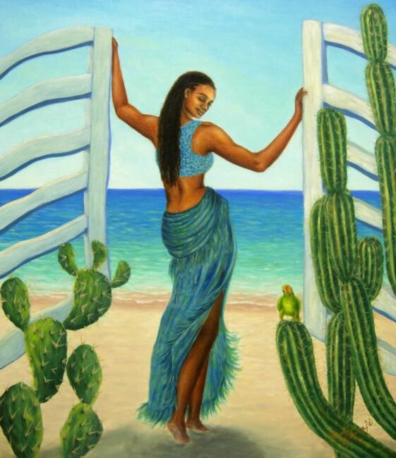 Painting titled "Door to Beach" by Kyoko Yamaji, Original Artwork, Oil Mounted on Wood Stretcher frame