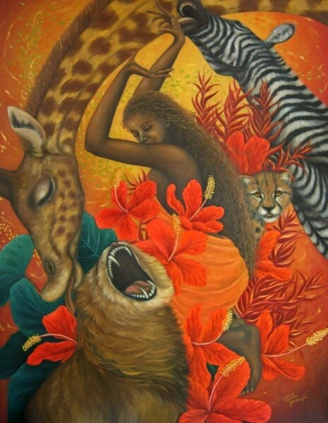 Painting titled "Dancing Animals in…" by Kyoko Yamaji, Original Artwork, Oil Mounted on Wood Panel