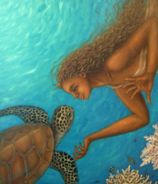 제목이 "Sea Turtle"인 미술작품 Kyoko Yamaji로, 원작, 기름 나무 들것 프레임에 장착됨
