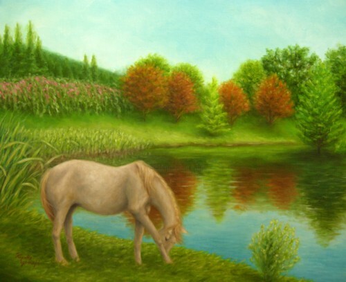 Картина под названием "White Horse" - Kyoko Yamaji, Подлинное произведение искусства, Масло