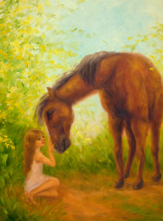Картина под названием "Girl and Horse" - Kyoko Yamaji, Подлинное произведение искусства, Масло