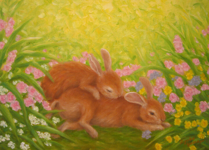 Ζωγραφική με τίτλο "Rabbits in Rose Gar…" από Kyoko Yamaji, Αυθεντικά έργα τέχνης, Λάδι
