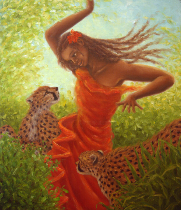 Painting titled "Dance with Cheetahs" by Kyoko Yamaji, Original Artwork, Oil Mounted on Wood Stretcher frame