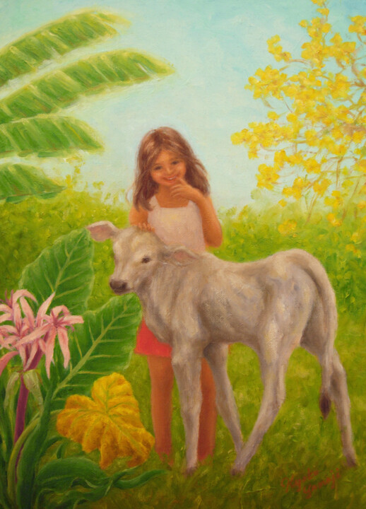 Schilderij getiteld "Girl and Baby Cow" door Kyoko Yamaji, Origineel Kunstwerk, Olie