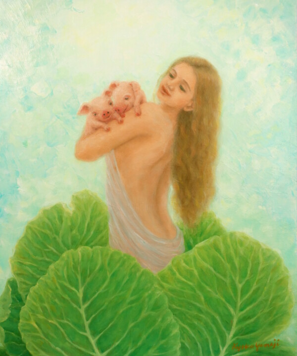 Schilderij getiteld "Vegetarian Venus" door Kyoko Yamaji, Origineel Kunstwerk, Olie Gemonteerd op Frame voor houten brancard