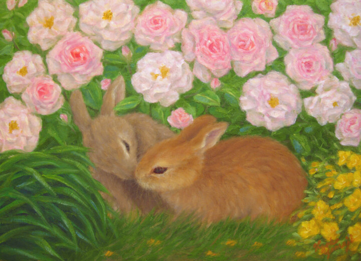 "Rabbits in rose gar…" başlıklı Tablo Kyoko Yamaji tarafından, Orijinal sanat, Petrol