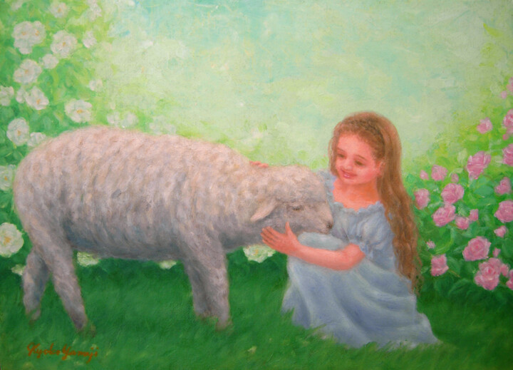 「Girl and Sheep」というタイトルの絵画 Kyoko Yamajiによって, オリジナルのアートワーク, オイル