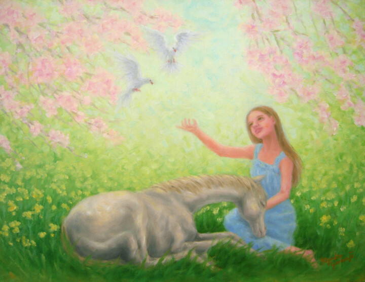 Schilderij getiteld "Blissful Spring 2" door Kyoko Yamaji, Origineel Kunstwerk, Olie