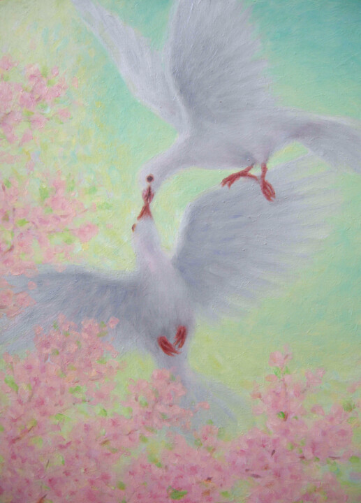 Pittura intitolato "Flying Kiss" da Kyoko Yamaji, Opera d'arte originale, Olio