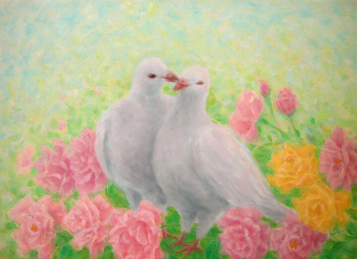 Pittura intitolato "Doves and Roses" da Kyoko Yamaji, Opera d'arte originale, Olio
