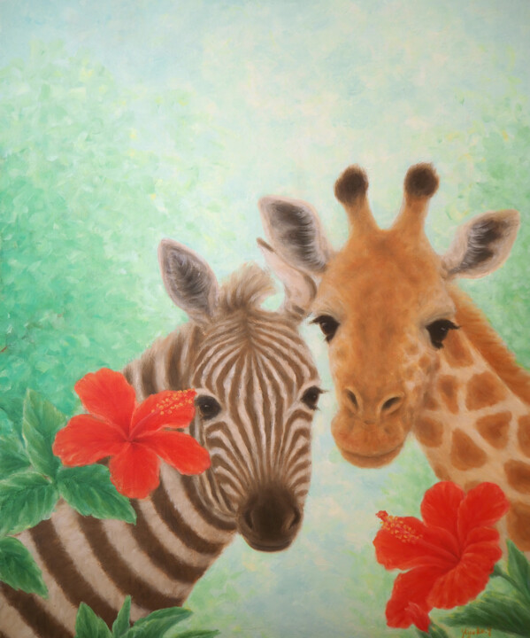 Pittura intitolato "Zebra and Giraffe" da Kyoko Yamaji, Opera d'arte originale, Olio Montato su Telaio per barella in legno