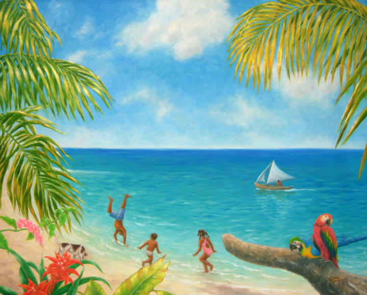 Painting titled "Kids in the Beach" by Kyoko Yamaji, Original Artwork, Oil