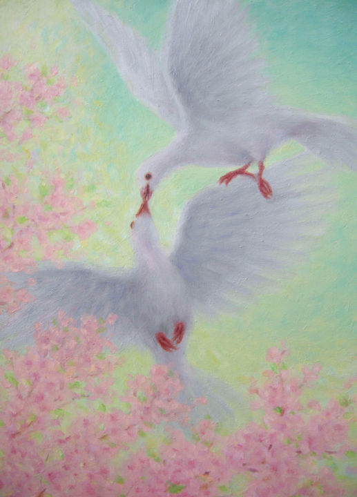 Painting titled "Flying Kiss" by Kyoko Yamaji, Original Artwork, Oil