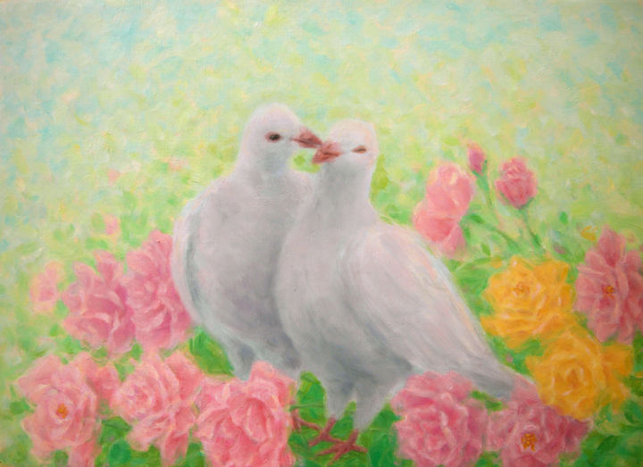 Painting titled "Doves and Roses" by Kyoko Yamaji, Original Artwork, Oil