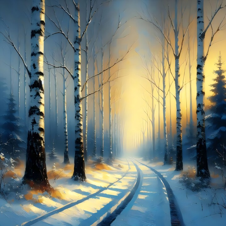 Arte digital titulada "Birch Trees (Winter)" por Kyozai, Obra de arte original, Imagen generada por IA