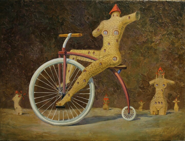 Schilderij getiteld "bicycle cyclist Olga" door Kyrylo Bondarenko, Origineel Kunstwerk, Olie