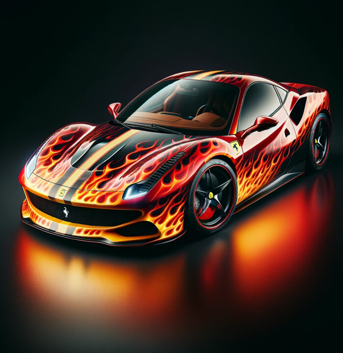 Digital Arts titled "Fire car" by Laurence Linsenmaier, Original Artwork, AI generated image