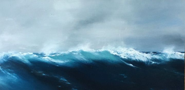 Peinture intitulée "Vague en pleine mer" par Line Escales, Œuvre d'art originale, Huile