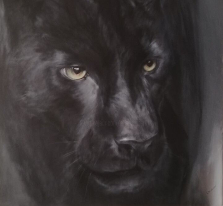 Schilderij getiteld "Black Panther" door L.Kissner, Origineel Kunstwerk, Olie Gemonteerd op Frame voor houten brancard