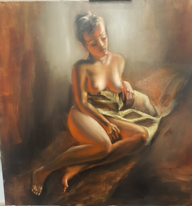 Painting titled "premier nu" by L'Oeuf Ou La Toile, Original Artwork, Oil