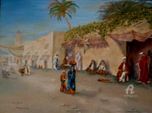 Painting titled "Village Street" by L'Orientaliste, Original Artwork, Oil