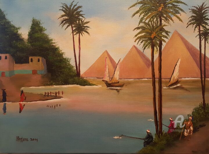 Peinture intitulée "Nubian Village on t…" par L'Orientaliste, Œuvre d'art originale, Huile