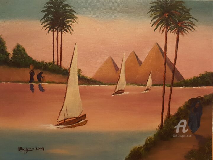 Painting titled "Felucca Boats Saili…" by L'Orientaliste, Original Artwork, Oil