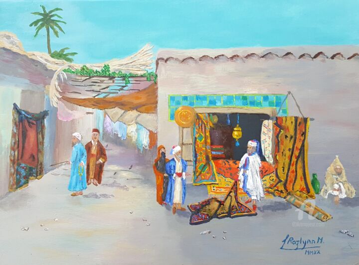 Painting titled "The Carpet Bazaar" by L'Orientaliste, Original Artwork, Acrylic