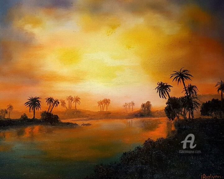 Painting titled "PALM TREES IN THE N…" by L'Orientaliste, Original Artwork, Oil