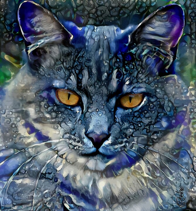 Arts numériques intitulée "Bleu Doudou - Cat -…" par L.Roche, Œuvre d'art originale, Acrylique
