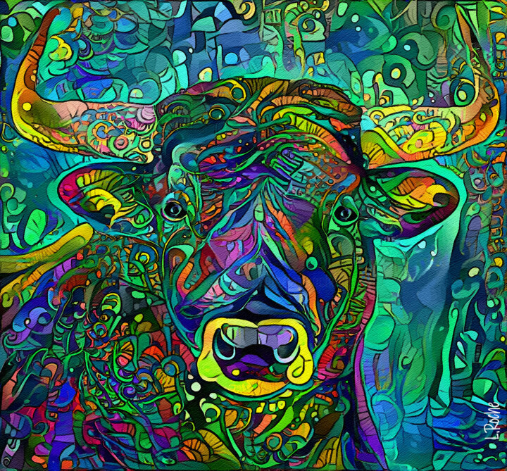 제목이 "Pasto verde, bull"인 디지털 아트 L.Roche로, 원작, 아크릴