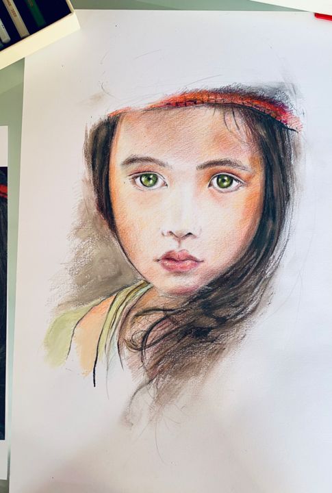 Dessin intitulée "Girl with green eyes" par L Y L O, Œuvre d'art originale, Crayon