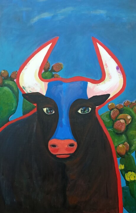 Pintura titulada "Toro azul entre chu…" por La Crêola By Bressan, Obra de arte original, Acrílico