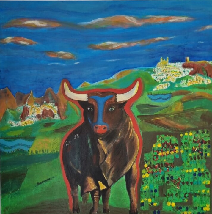 Pintura titulada "Toro azul en la sie…" por La Crêola By Bressan, Obra de arte original, Acrílico