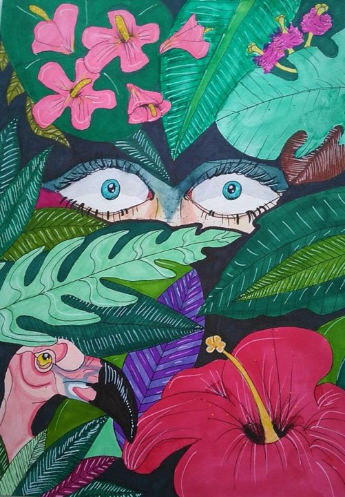 「Voyeur Tropical」というタイトルの絵画 Grappeによって, オリジナルのアートワーク, 水彩画