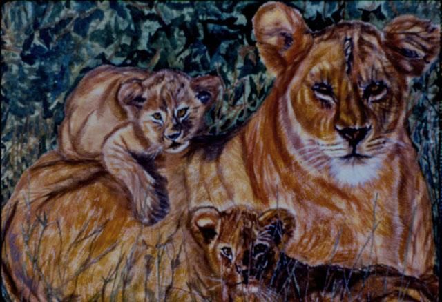 Painting titled "Lion Family" by Laurie Black, Original Artwork, Oil