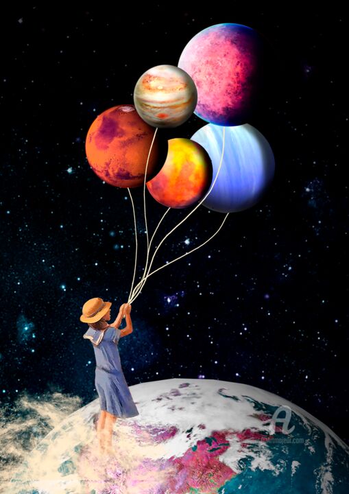 Collages getiteld "SPACE BALLOONS" door Laura Abella, Origineel Kunstwerk, Foto Montage