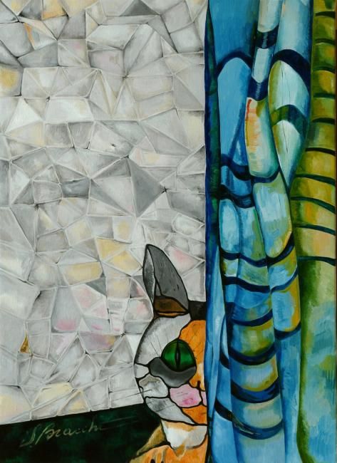 Pittura intitolato "dietro la tenda blu" da Silvana Bracchi, Opera d'arte originale