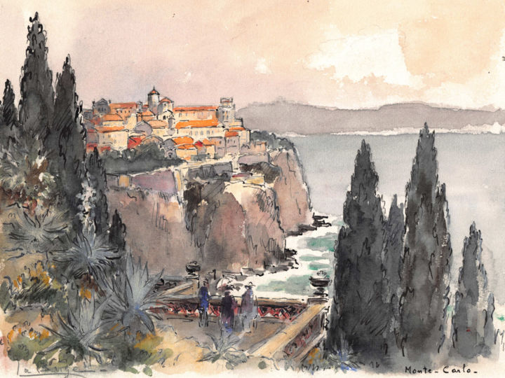 Schilderij getiteld "Monte Carlo" door La Brige, Origineel Kunstwerk, Aquarel