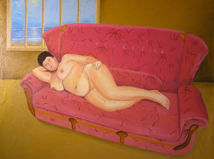 Картина под названием "Натурщица на красно…" - Евгений Лацабидзе, Подлинное произведение искусства